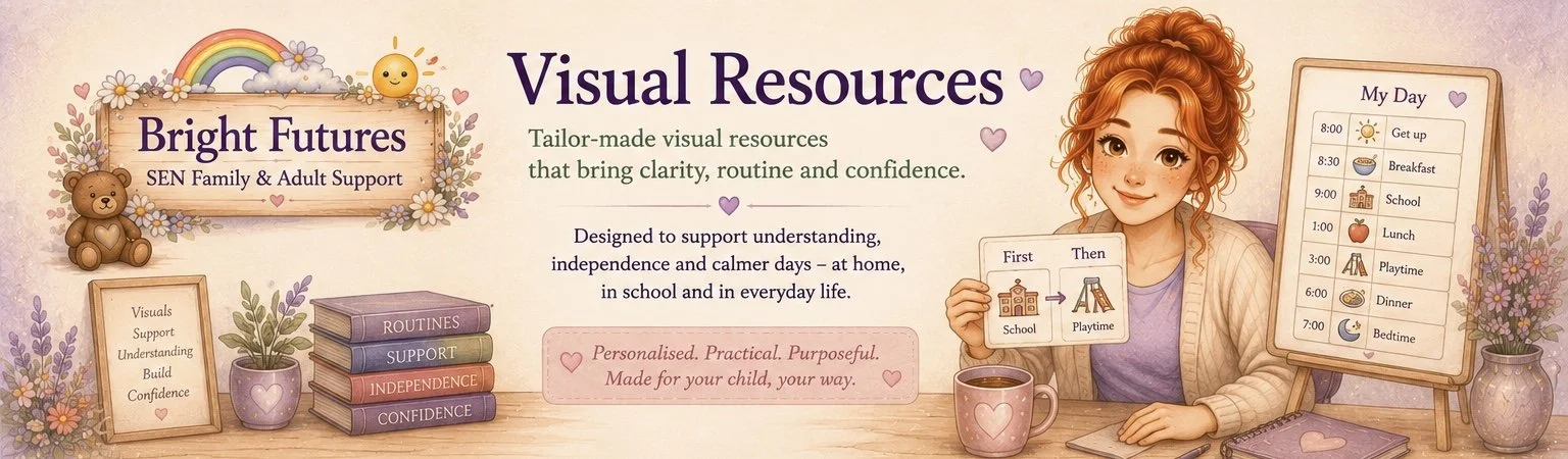 Banner promoting Bright Futures’ printable and personalised visual resources, including visual timetables, communication cards, choice boards, first and then boards, emotion supports, routines, transition resources and bespoke SEND visual aids for ho