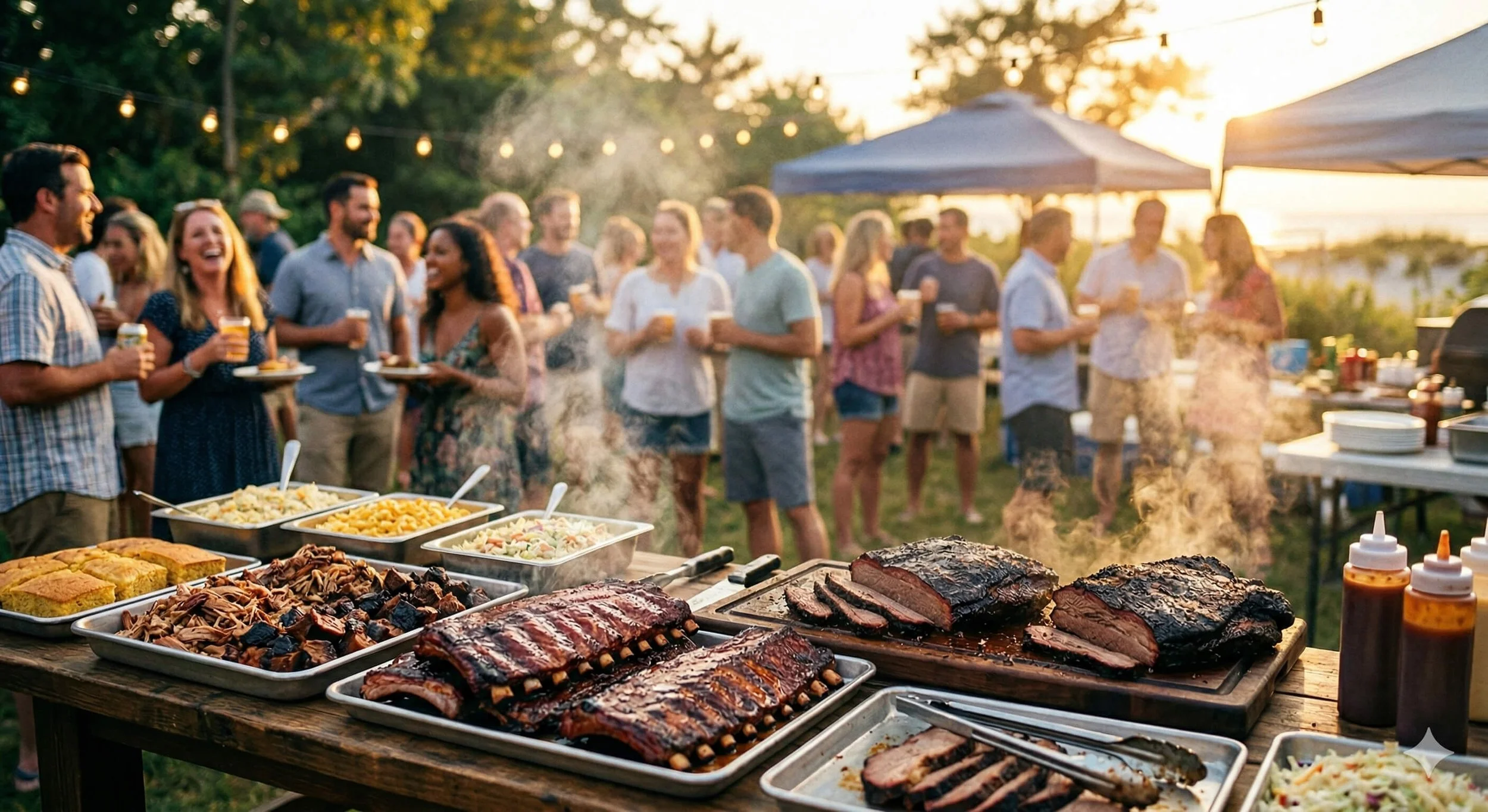 Outdoor barbecue gathering during sunset with people holding drinks, a table of smoked and grilled ribs, BBQ sauces, and side dishes like macaroni and potato salad, under string lights.