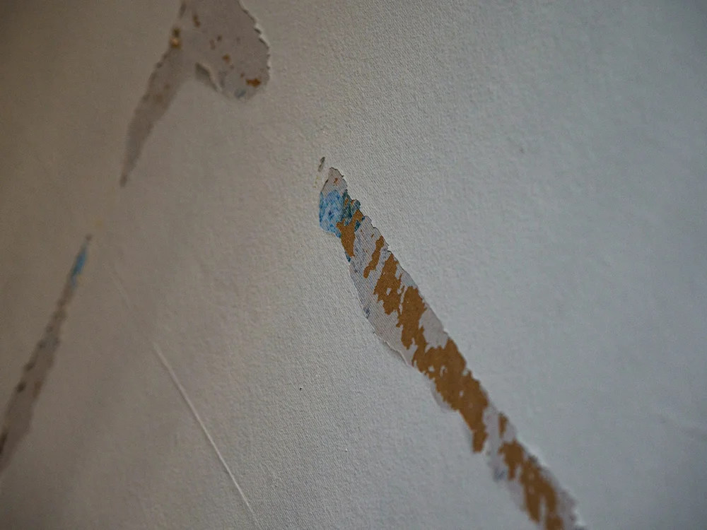 Close view of a wall where the paint and drywall paper have torn away from a seam
