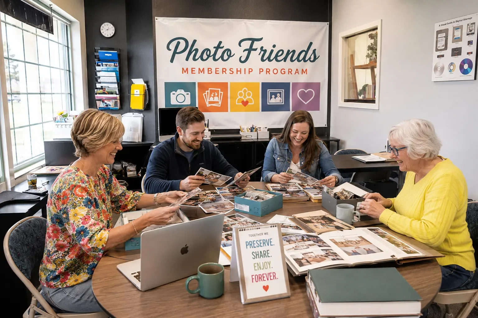 Group of people gathered together at the Photo Memories Preserved Studio working on their photo collections.