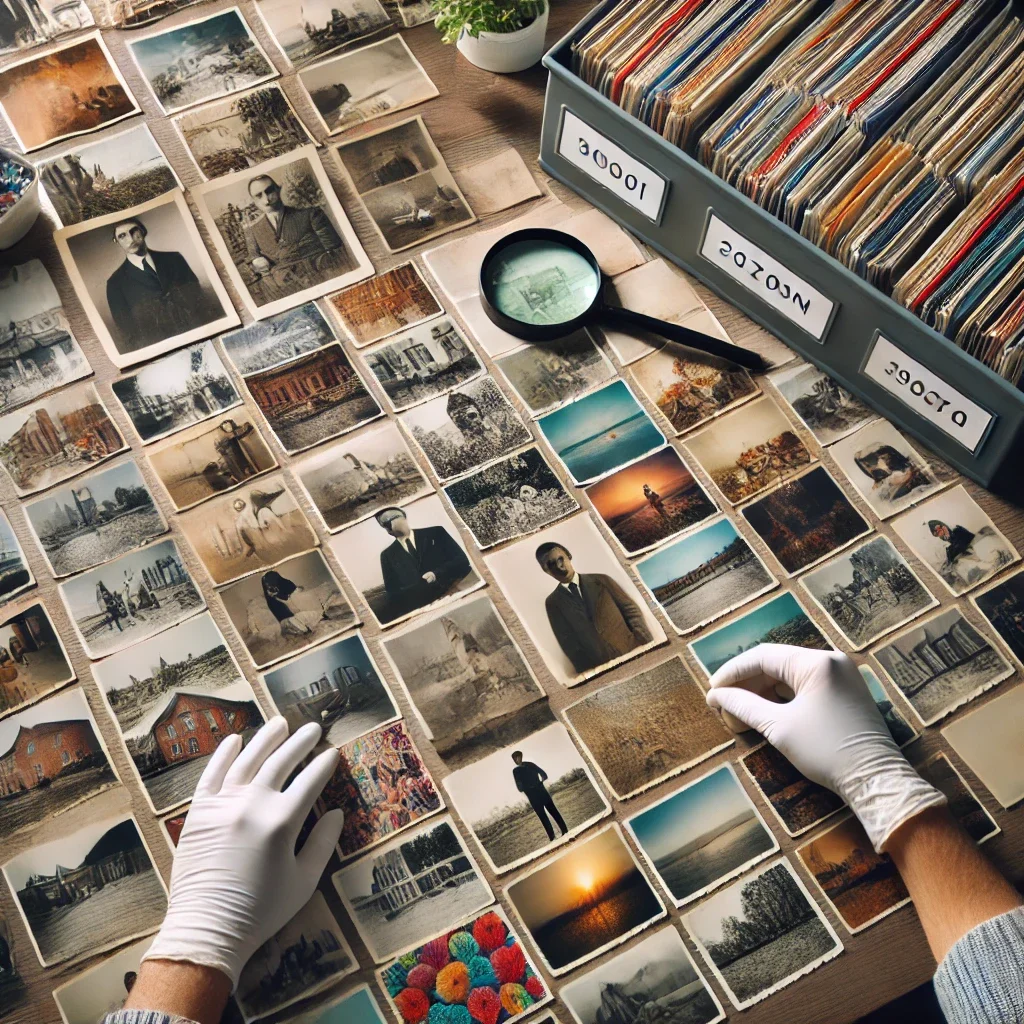 Print photos being organized by a set of hands in photo safe gloves.