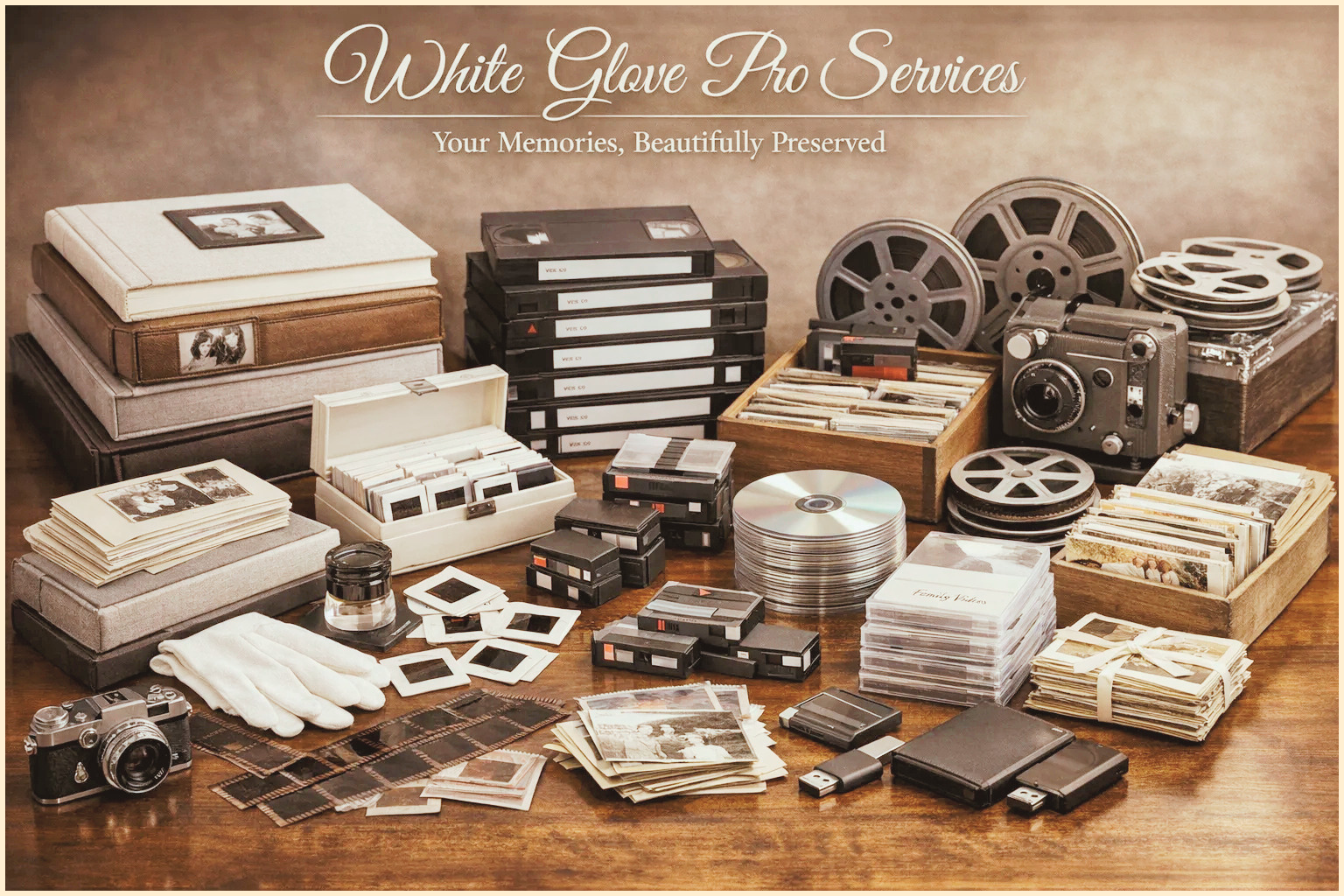 Combination of old format video reels, VHS videos, flash drives, DVDs, CDs, slides, photo albums, negatives and print photos in need of digitizing.
