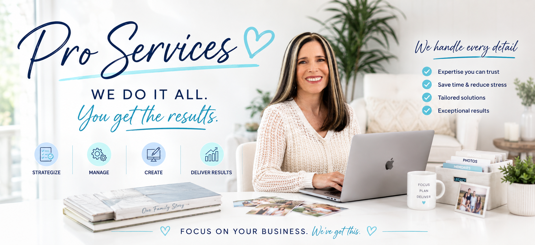Katherine smiling as she works on a laptop working on client's photo collections.