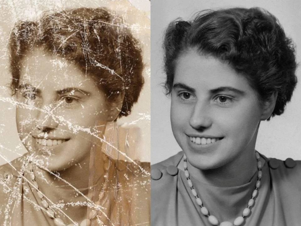 A before and after of an old print photo that was restored.