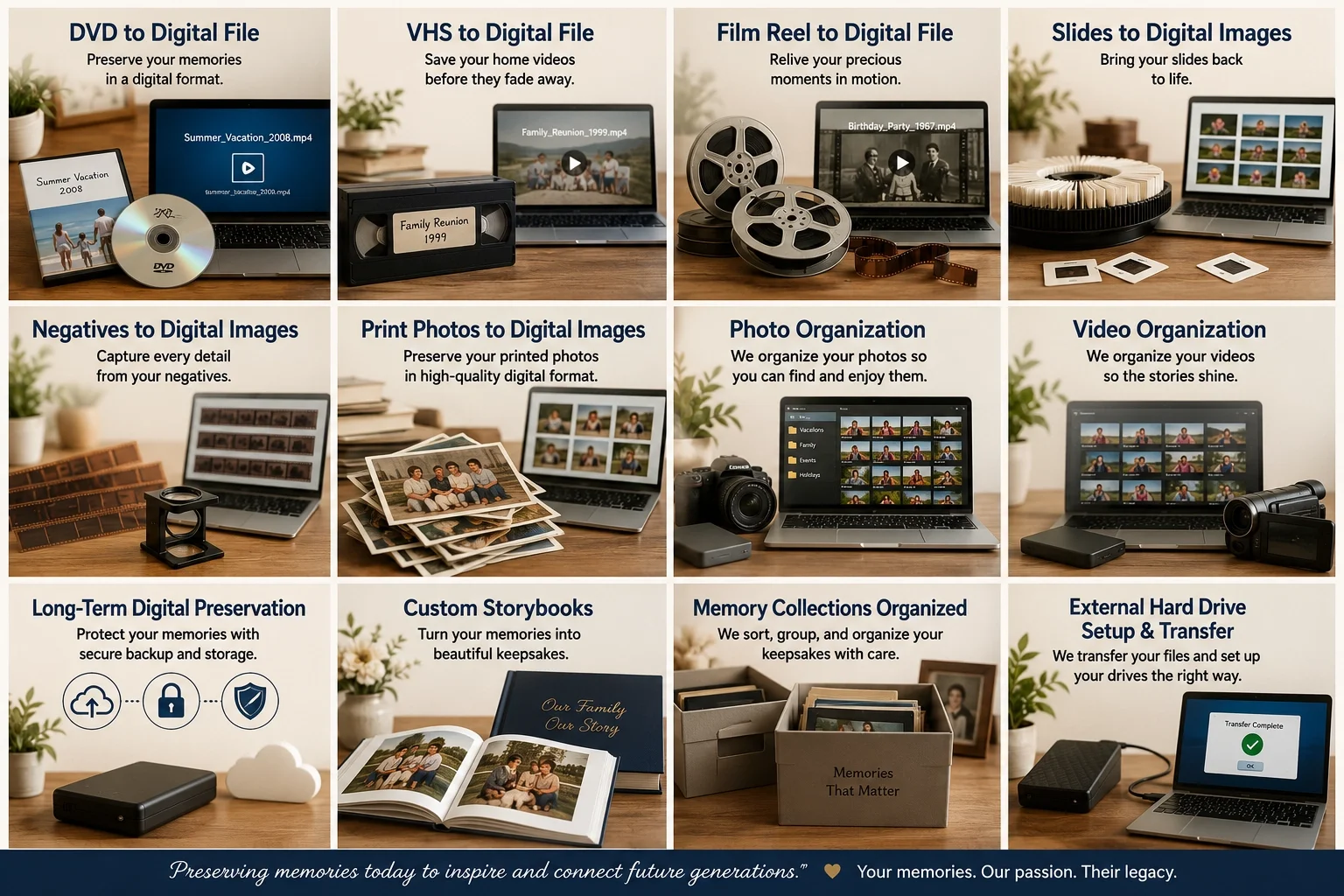 Multiple old formats such as VHS, Mini DV, CDs, DVDs, Slides, Photo Prints, Slides and Reels shown as formats that Photo Memories Preserved converts into digital files.