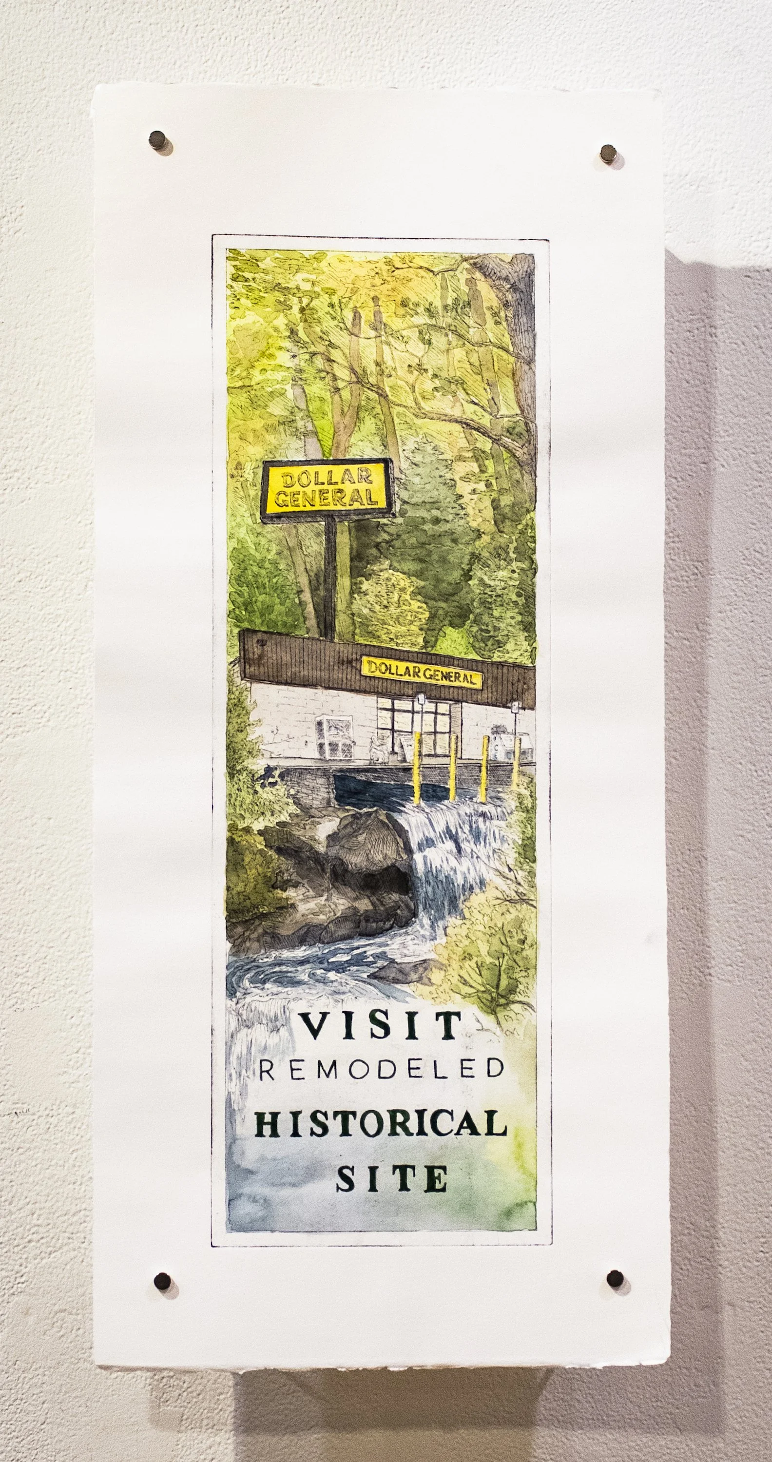 This Looks like a Great Place
to put a Dollar General, intaglio with watercolor hand-coloring, 10 x 22.5" 2023
