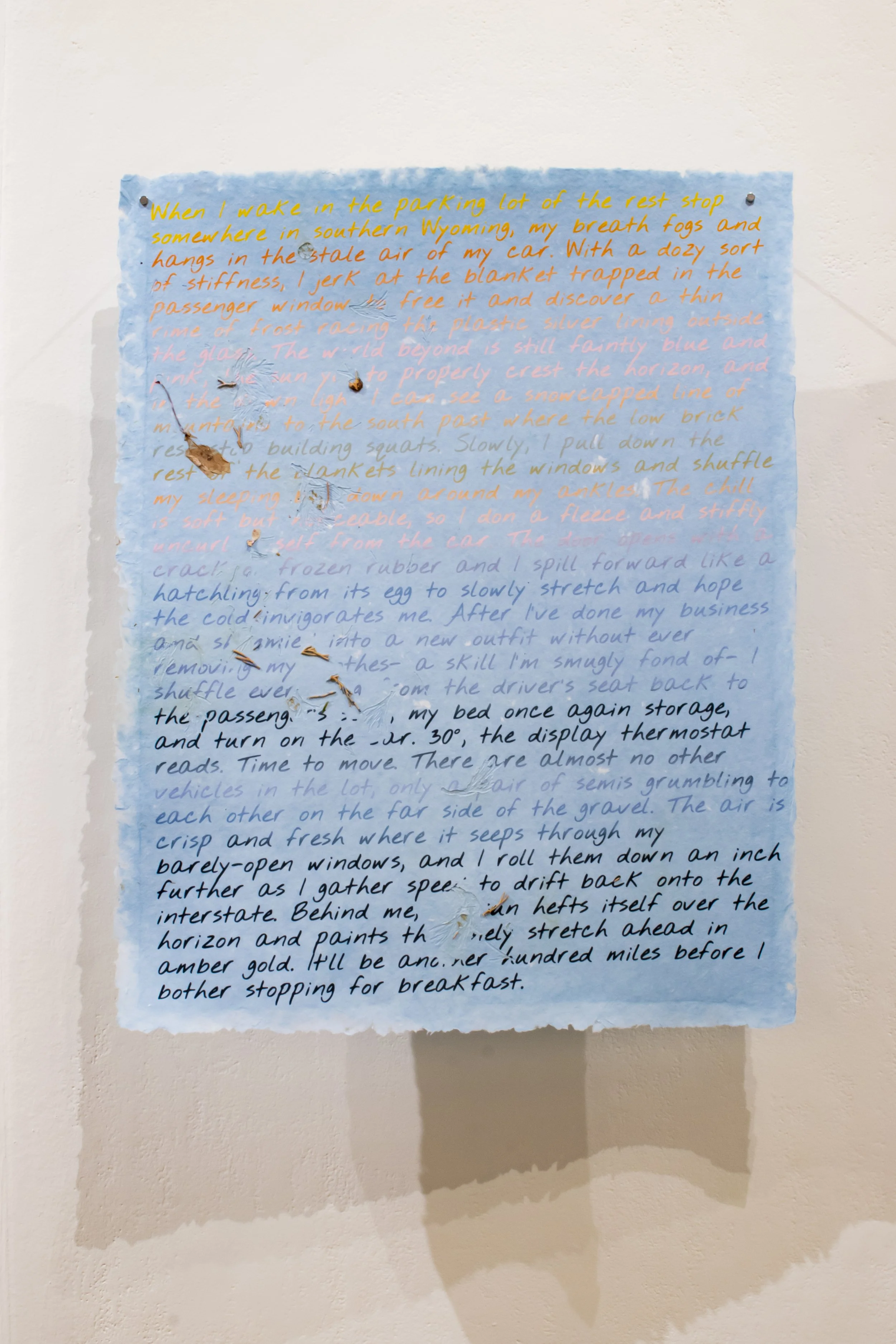 Morning Routine, screenprint prose on handmade paper, 2026