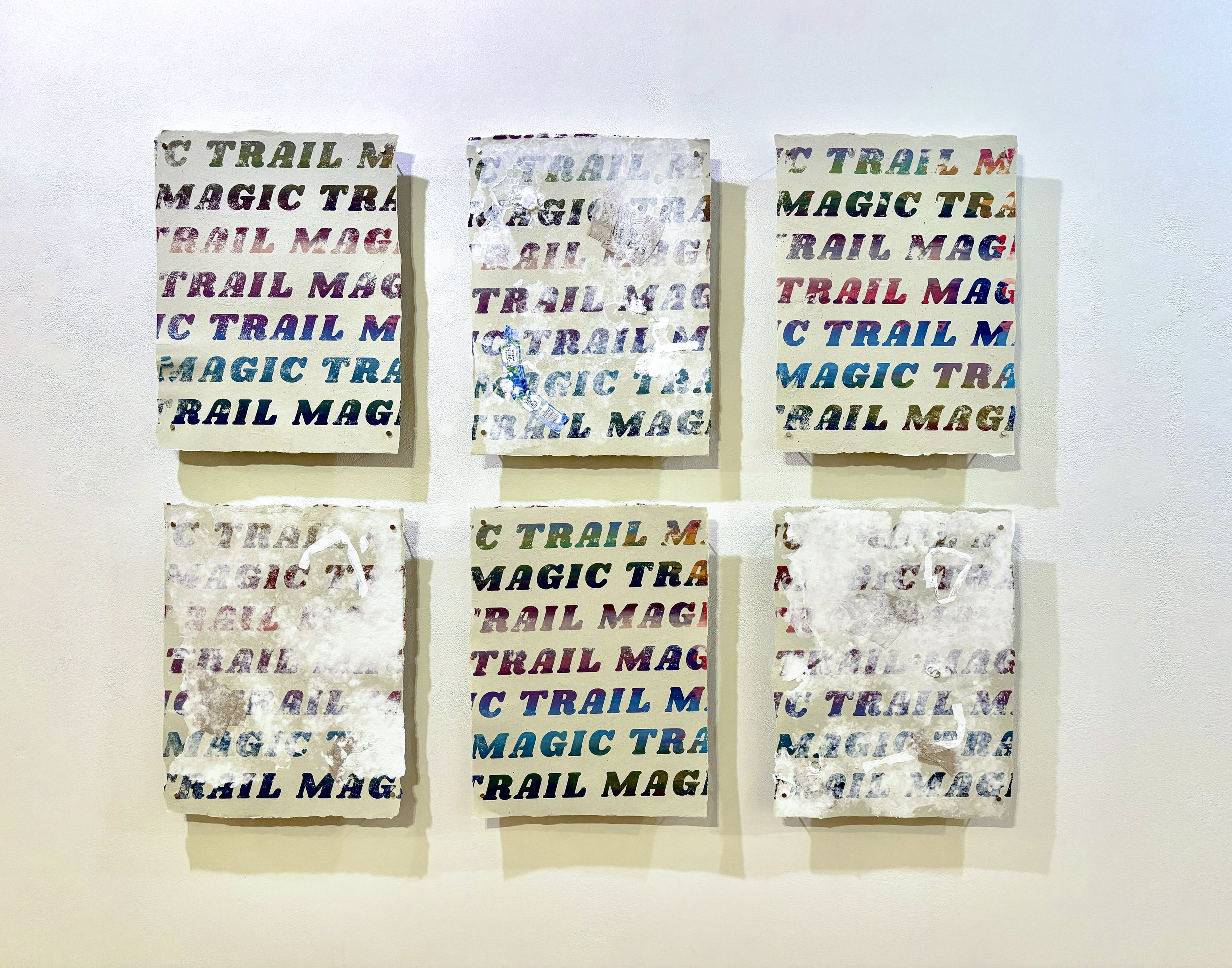 Trail Magic, screenprint on handmade paper with found trash objects, 56 x 44" collective, 2024