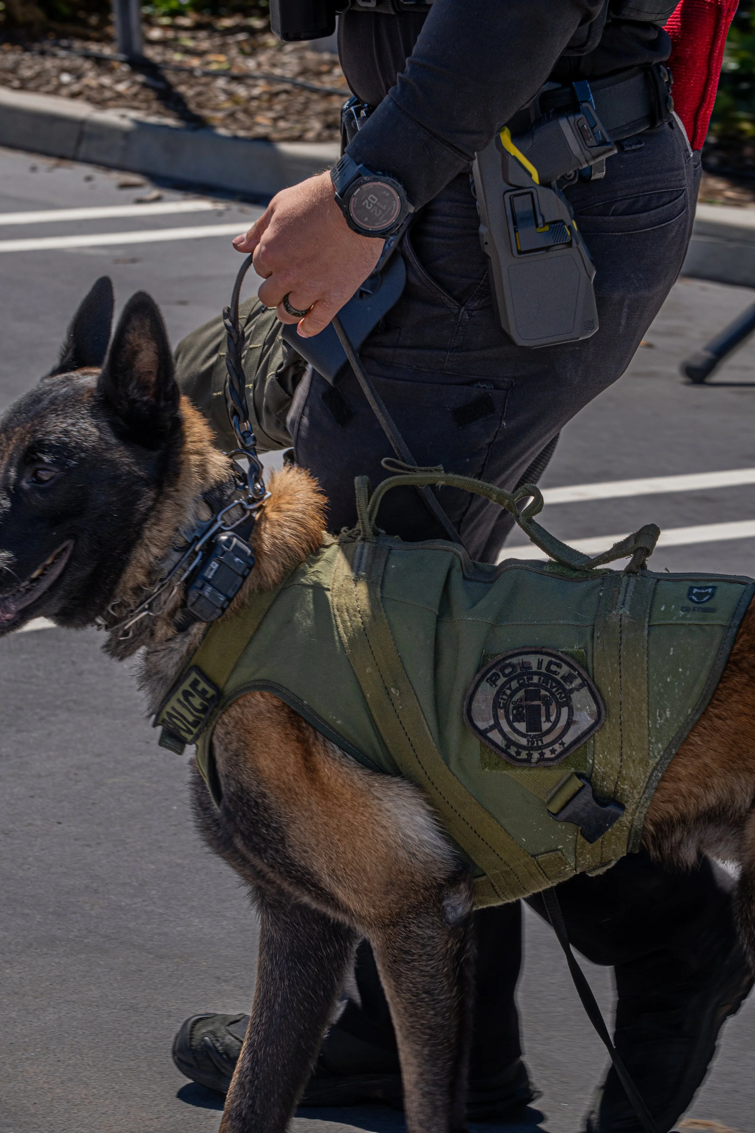 A police officer in uniform with a police dog on a leash, wearing a tactical vest with a police badge, walking on a paved surface.