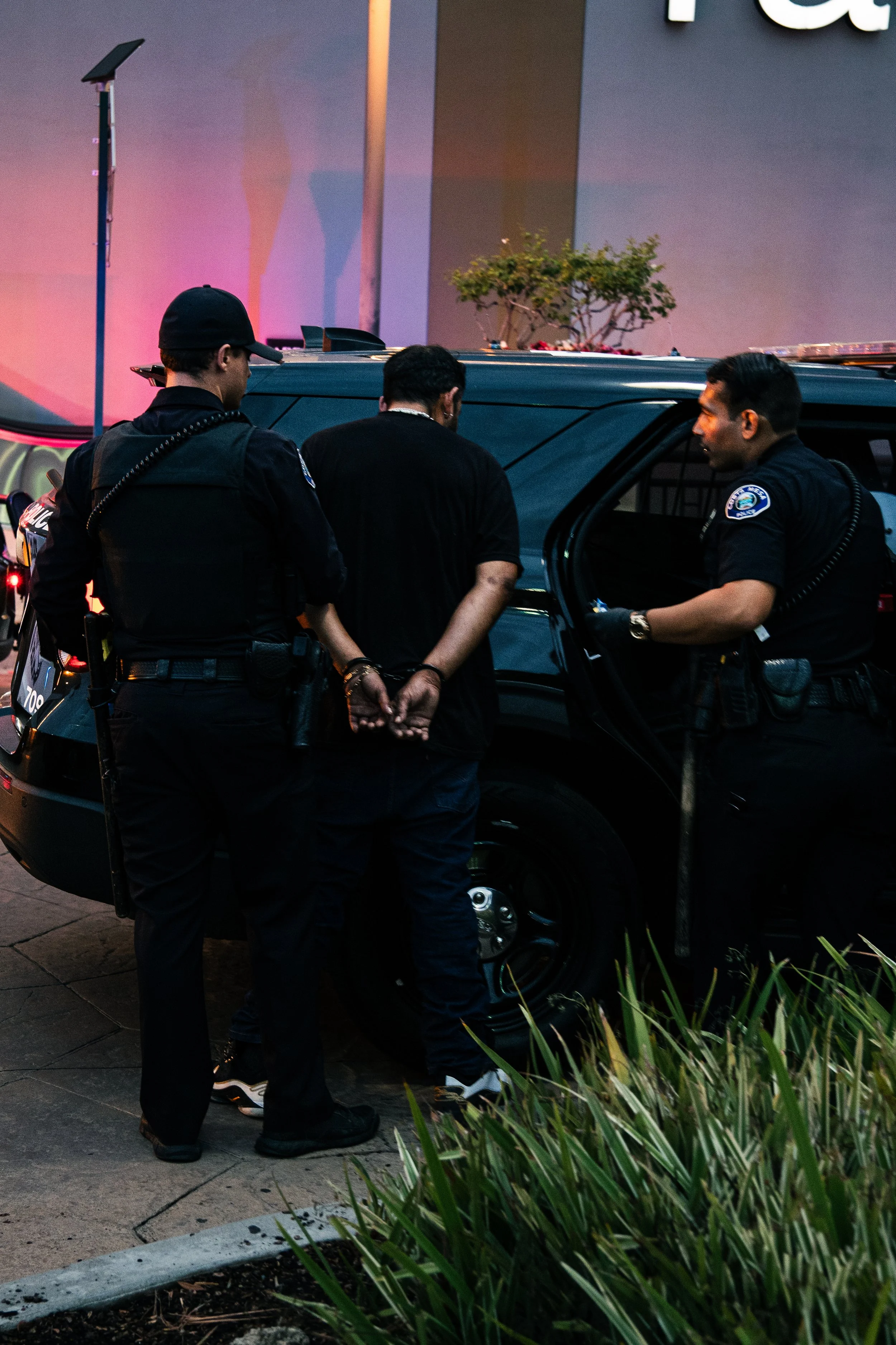 Three police officers arrest a man in front of a police vehicle at night, with some plants in the foreground and colorful lighting in the background.