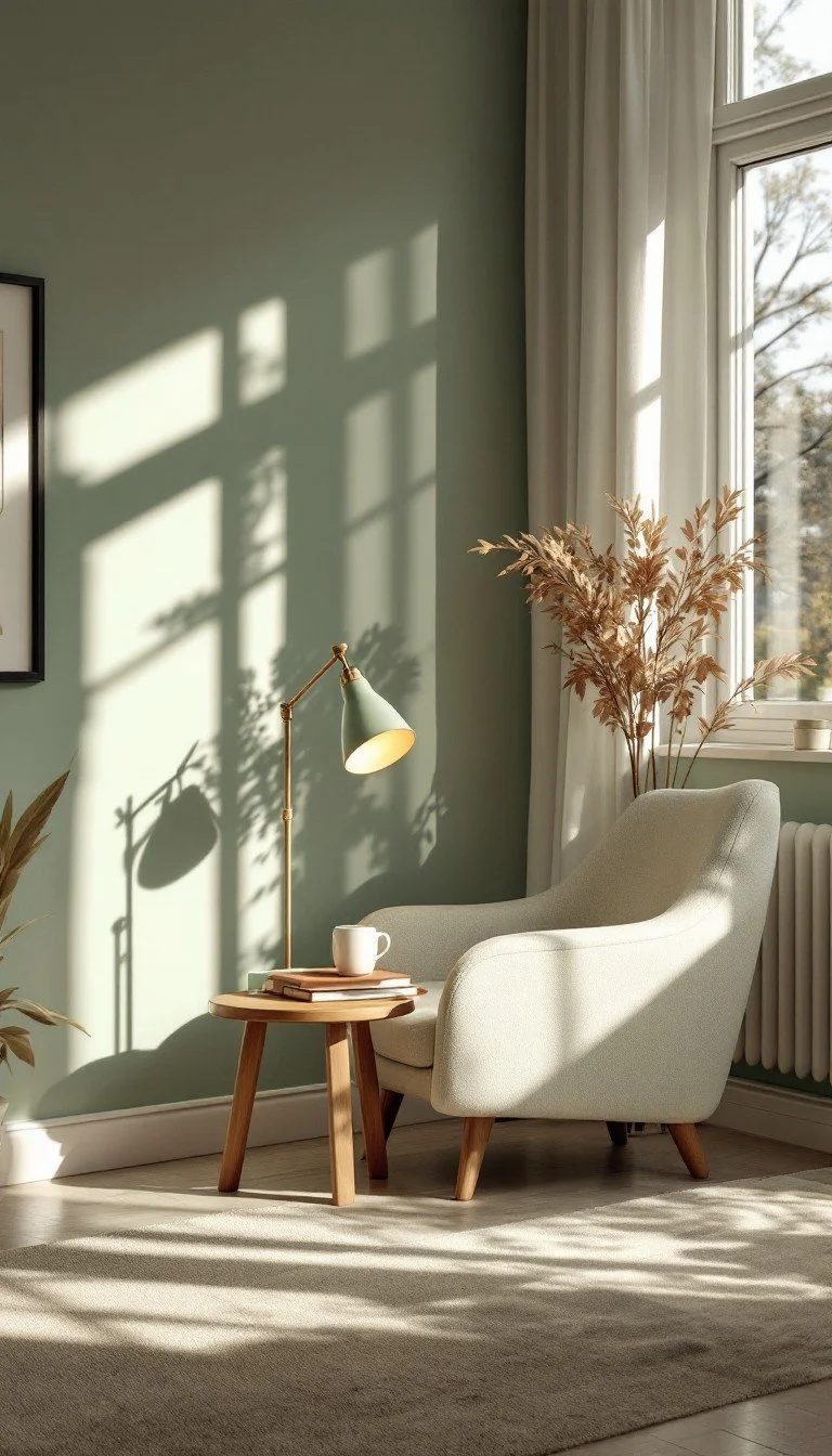 A cozy corner in a living room with sunlight coming through a window, casting shadows on a pale green wall. There is a light-colored armchair with wooden legs, a small round wooden side table with a cup, a few books, and a vintage-style lamp. A large plant with dried leaves is placed near the window.