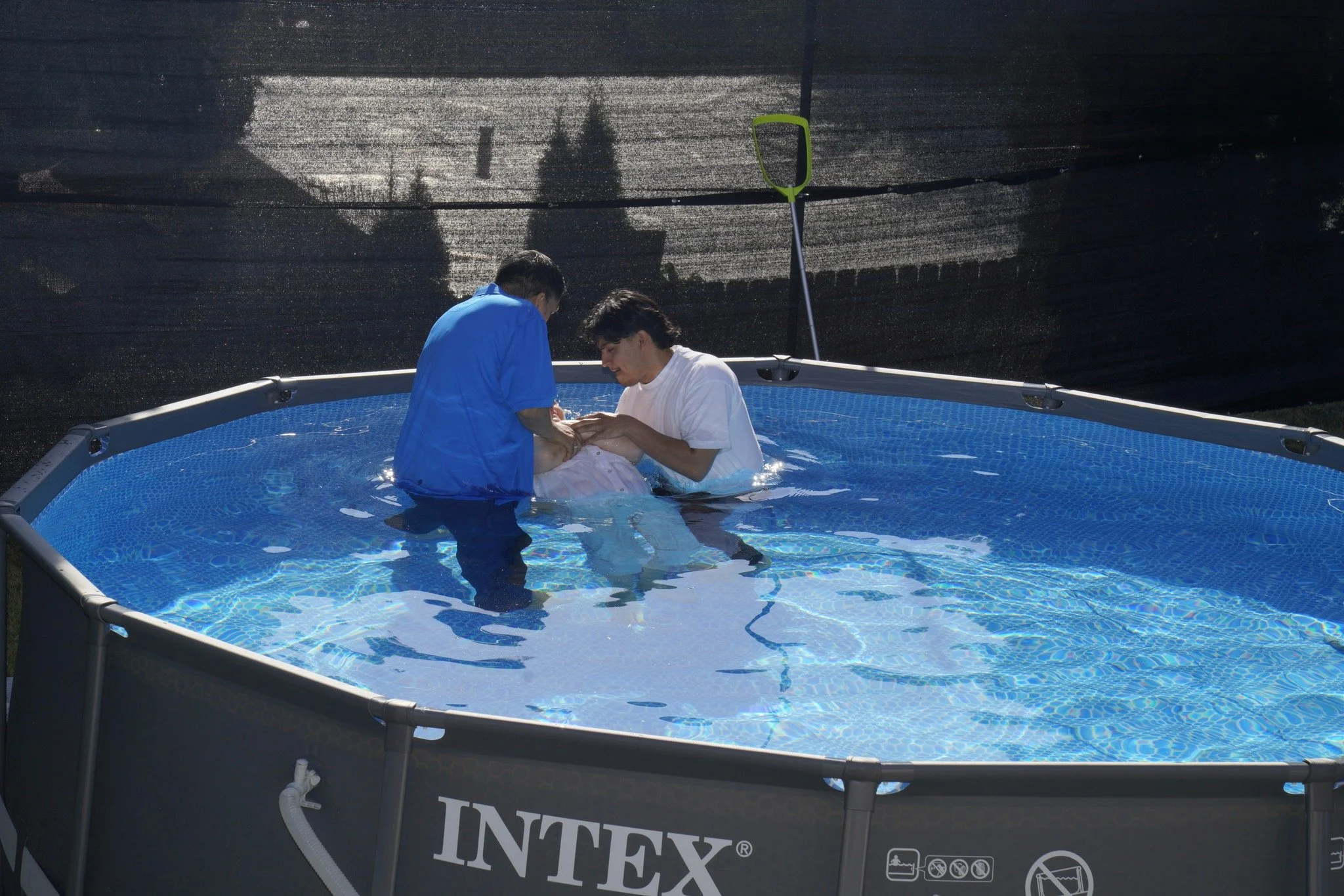 Two men, one in blue and one in white, are baptizing a person in a blue above-ground swimming pool. The baptizing is taking place outdoors during daytime.