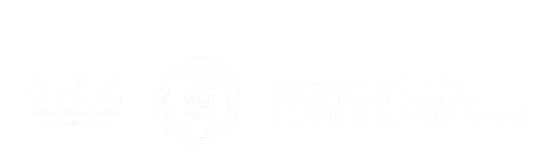 Logos for the District of Columbia Office of Victim Services and Justice Grants, Mayor’s Office of LGBTQ Affairs, and Mayor Muriel Bowser.