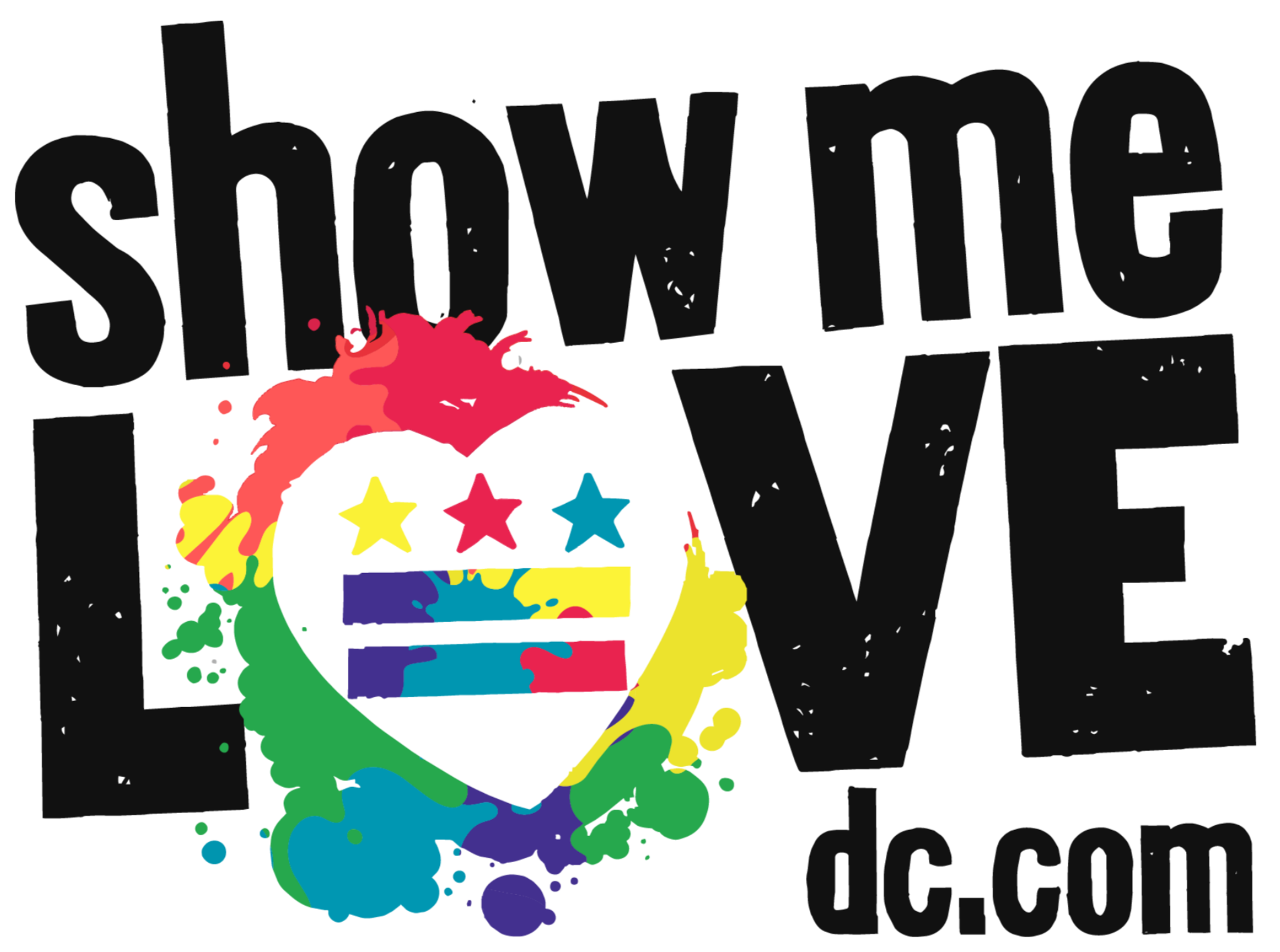 Colorful paint-splash hummingbird logo with stars and the text “show me love” and “dC.com.”