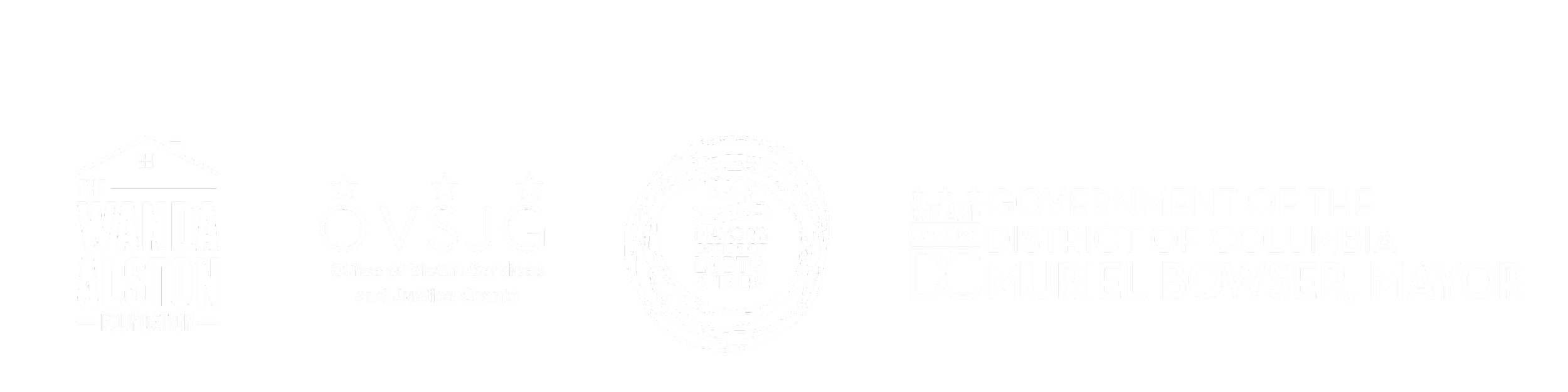 Logos and text supporting organizations related to victim services, LGBTQ affairs, and government in Washington, D.C., including the Wanda Alston Foundation, Mayor's Office of LGBTQ+ Affairs, and Office of Victim Services and Justice Grants.
