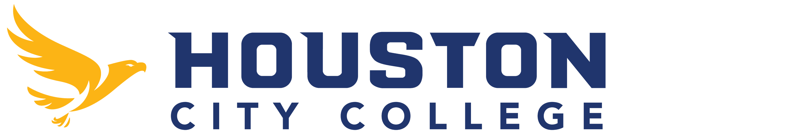 Logo of Houston City College featuring a stylized yellow eagle head to the left of the college's name in dark blue uppercase letters.
