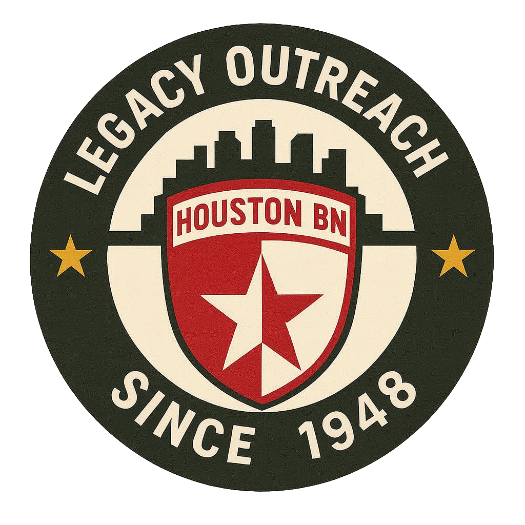 A circular emblem with a black border and white text that reads "LEGACY OUTREACH SINCE 1948." Inside the border, there is a shield with a red and white design, featuring a large star and the text "HOUSTON BN." The background behind the shield depicts a city skyline in black.