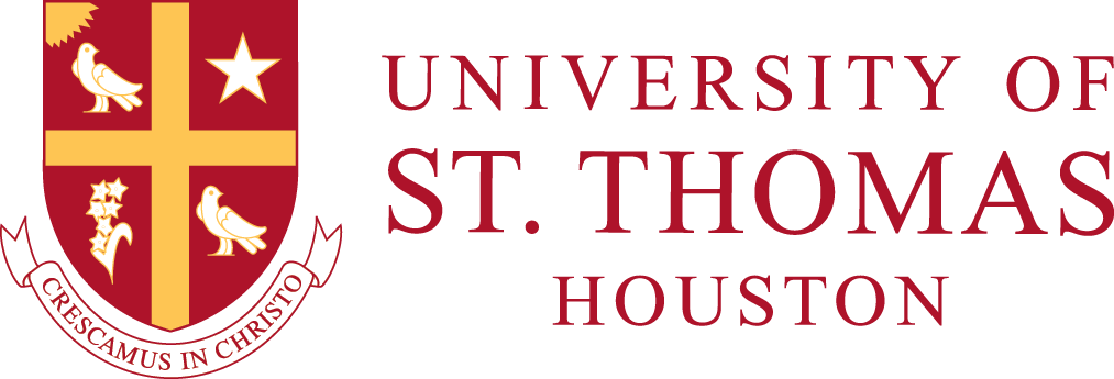 Logo of University of St. Thomas Houston featuring a shield with a cross, a star, birds, and a flower, and the university name in maroon text.