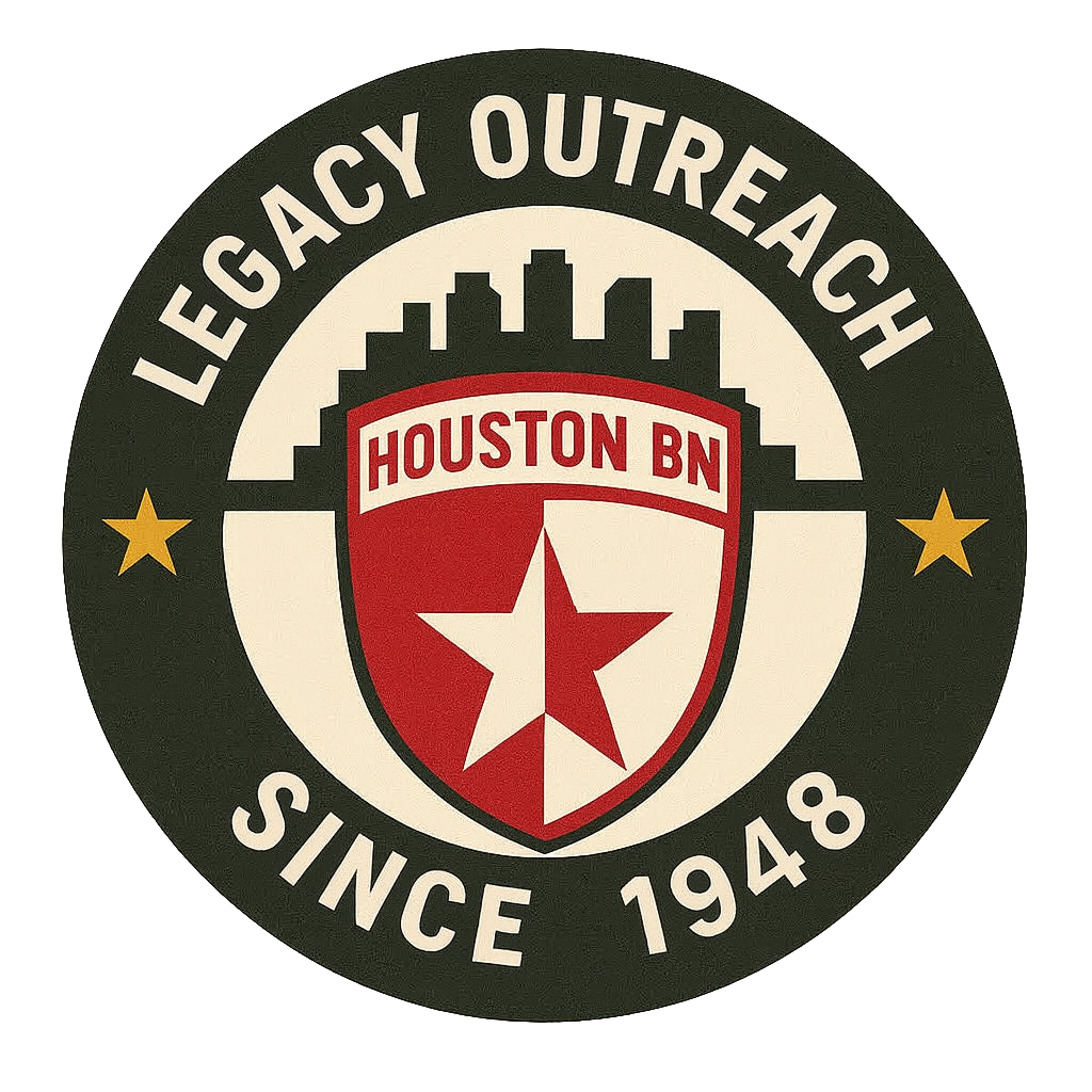 A circular patch with a black border that says 'Legacy Outreach Since 1948.' Inside, a shield with red, white, and black colors features a star, the text 'Houston BN,' and a city skyline silhouette.