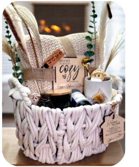 Intentionally created woven basket created in Sandpoint, Idaho. Filled with cozy items to create the perfect gift.