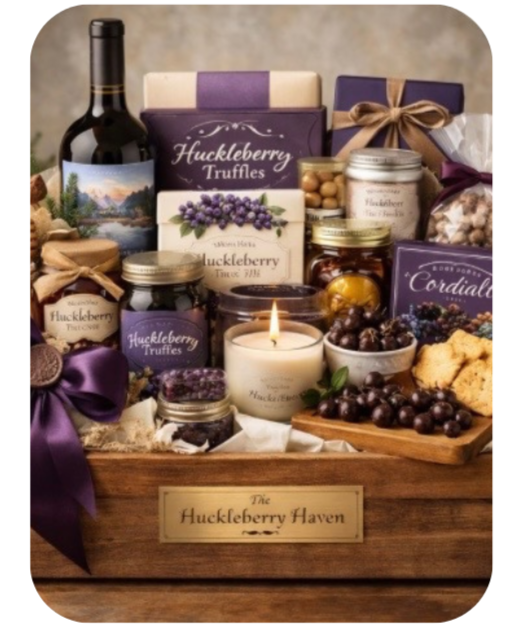 Sandpoint, Idaho, themed gift filled with local huckleberry items.