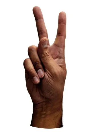 A person holding up their hand with the index and middle fingers extended in a 'peace' or 'victory' sign.