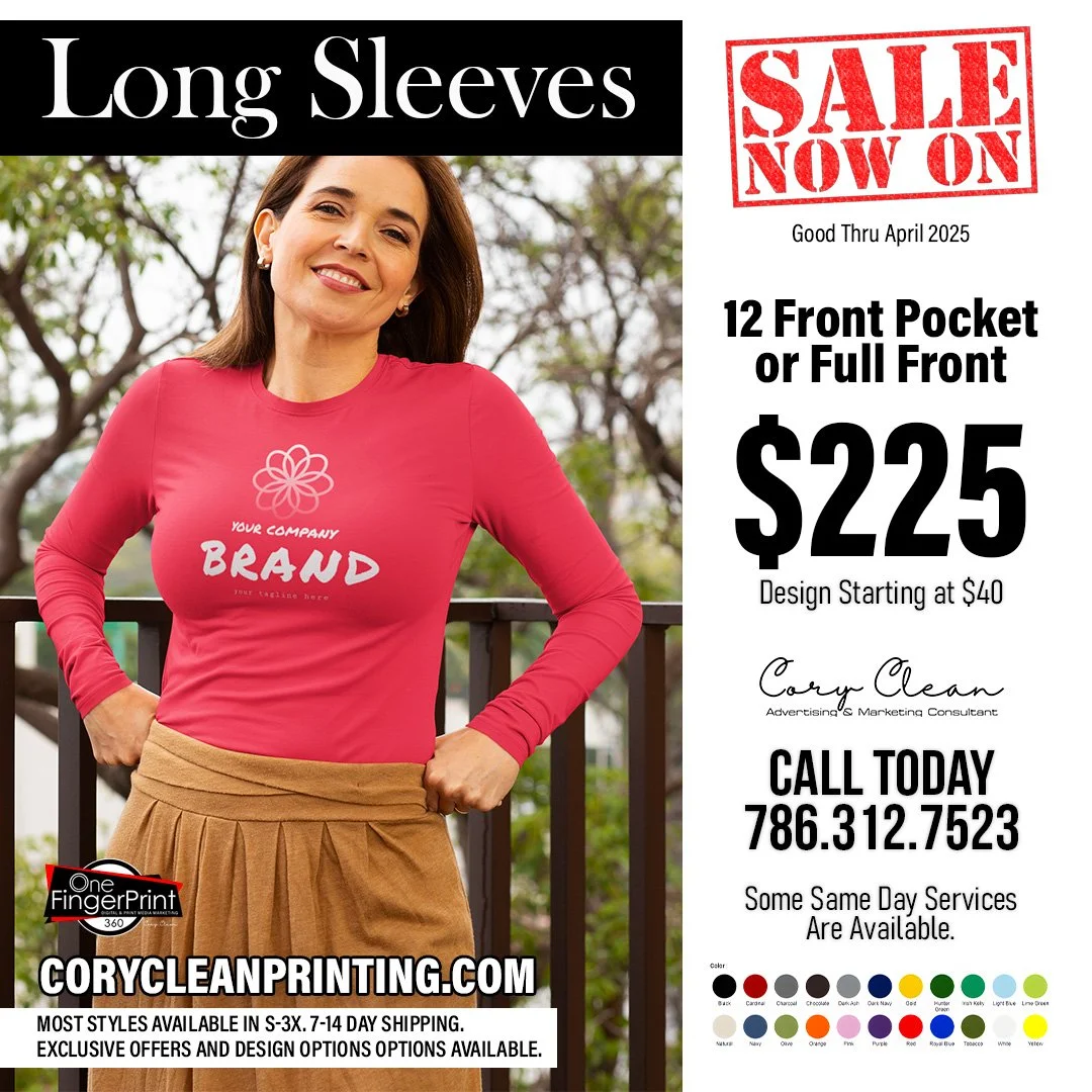 Advertisement offering custom long-sleeve shirts with a woman smiling and wearing a pink shirt that reads 'Your Company Brand' in large white letters, with promotional details and contact information for a printing service.