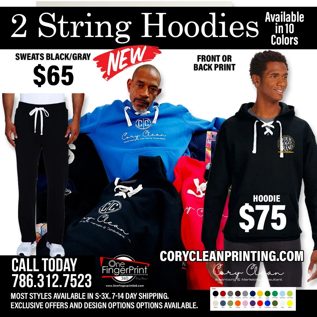 Cory Clean advertisement for two string hoodies available in 10 colors, priced at $65, featuring models wearing black and red hoodies with front or back print, and a man in a blue hoodie with white drawstrings.