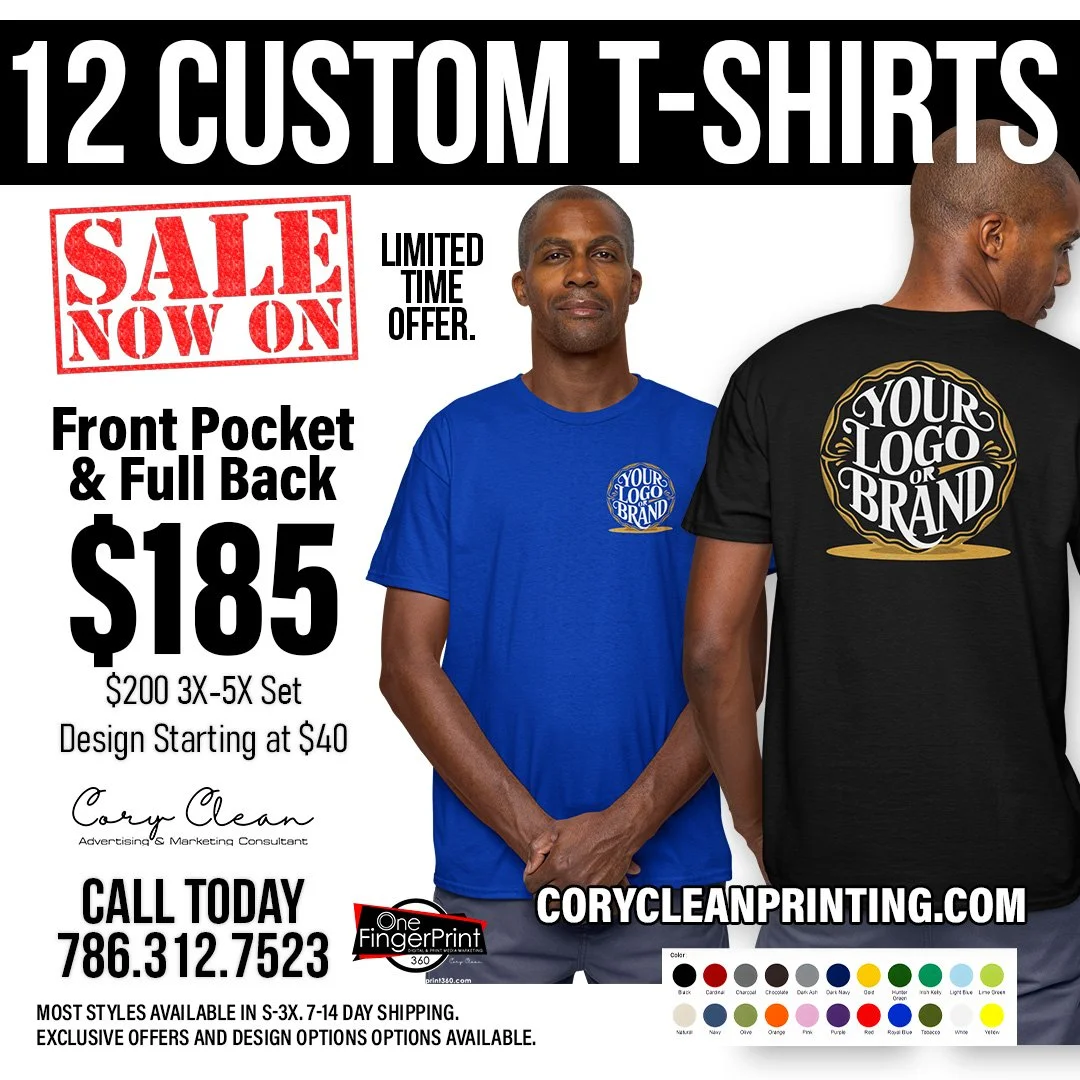 Advertisement for custom T-shirts sale, showing two men modeling T-shirts with customizable logos, with prices starting at $185 and a contact number for orders.