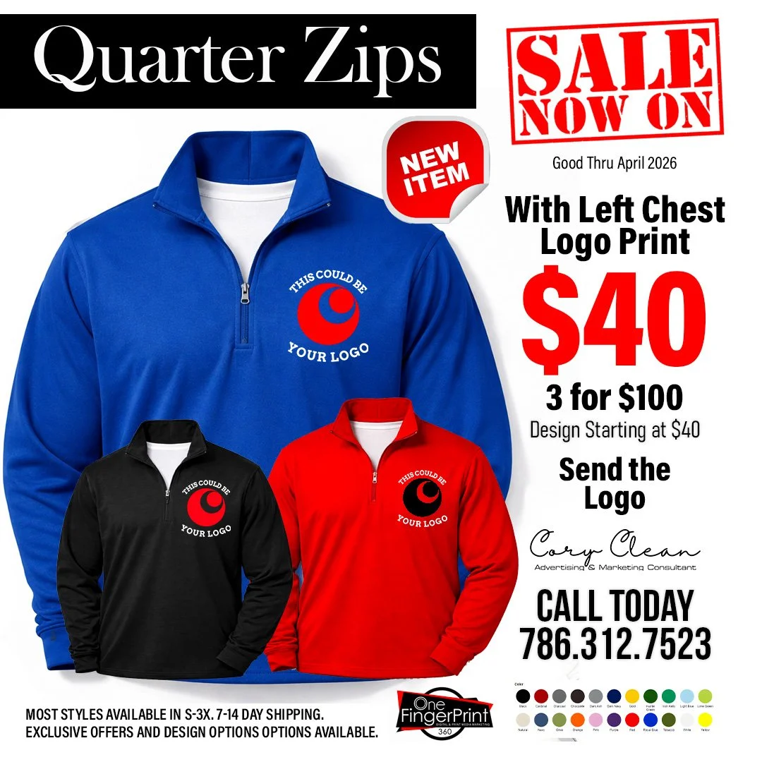 An advertisement for custom quarter zip jackets showing three jackets in blue, black, and red with a placeholder logo. The ad emphasizes a sale price of $40 each, with a 3-for-$100 deal and design starting at $40. Includes company contact information