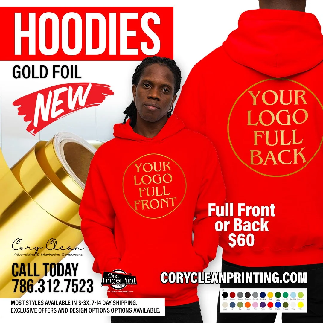 An advertisement for custom hoodies with a red background. It shows a man wearing a red hoodie with placeholder text for a logo on the front and back. The ad mentions a full front or back logo for $60, and provides contact information and website det