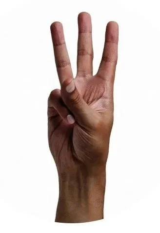 A hand making a peace sign with the index and middle fingers raised, and the other fingers folded down against a white background.
