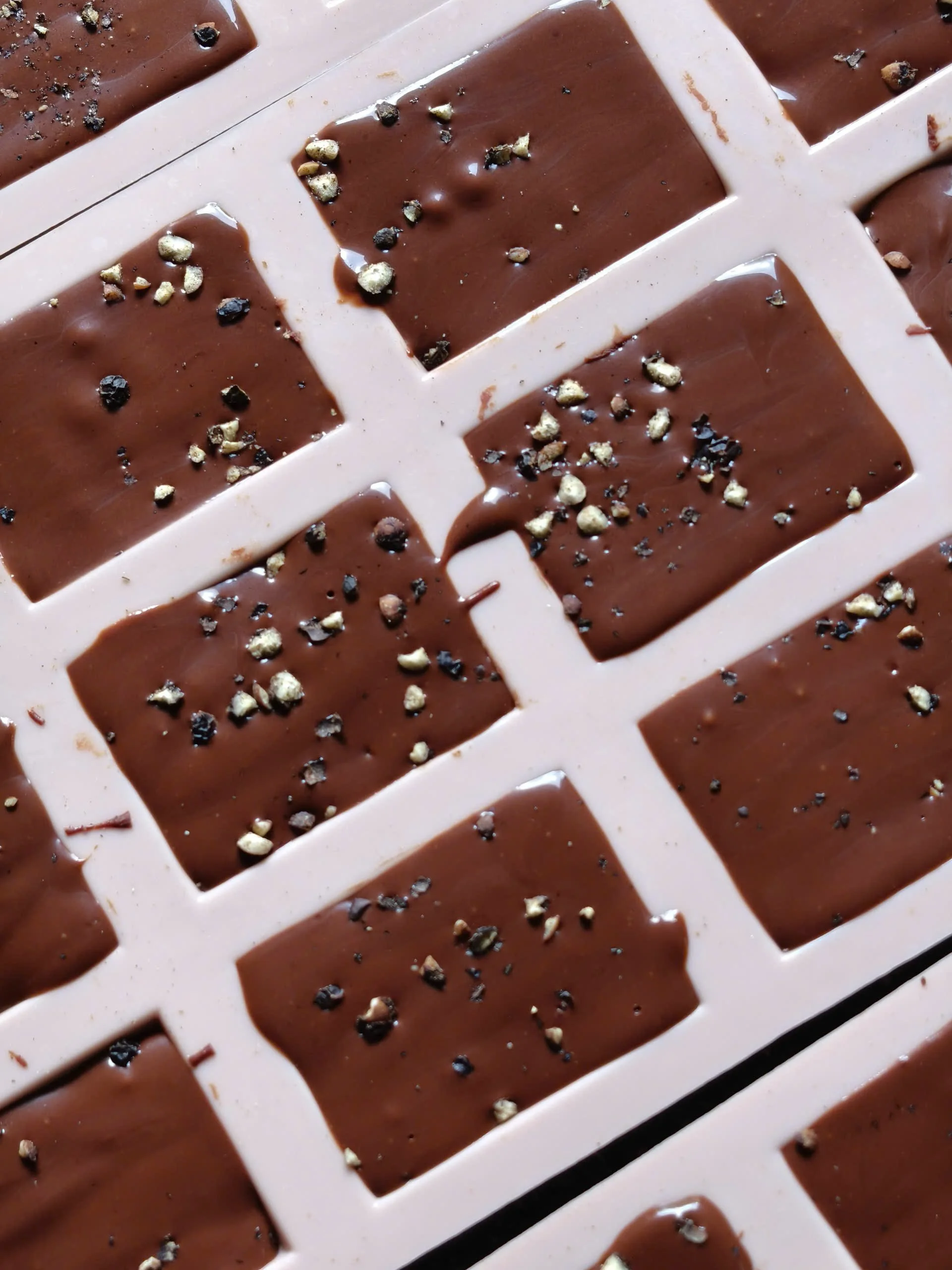 A close-up of a silicone ice cube tray filled with melted chocolate and sprinkled with crushed nuts and black pepper.