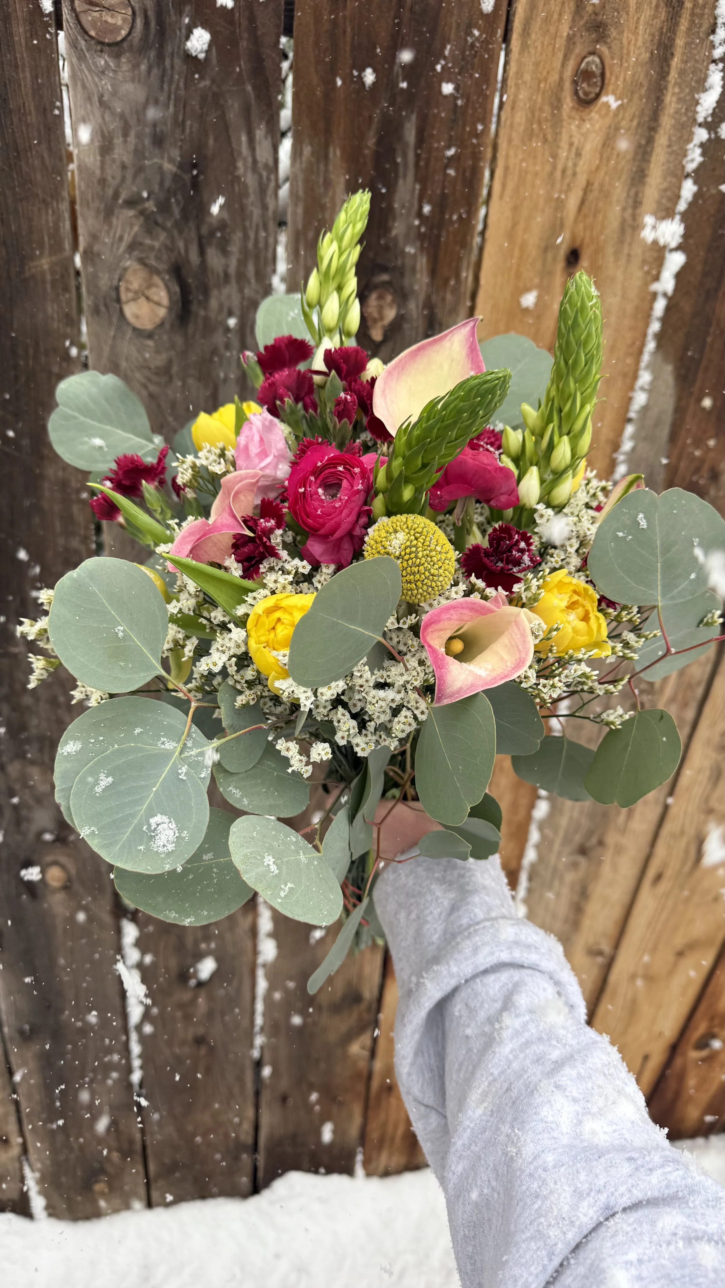 A colorful bouquet of flowers, including pink, yellow, white, and burgundy blooms, held in a person's hand against a snowy wooden fence background.