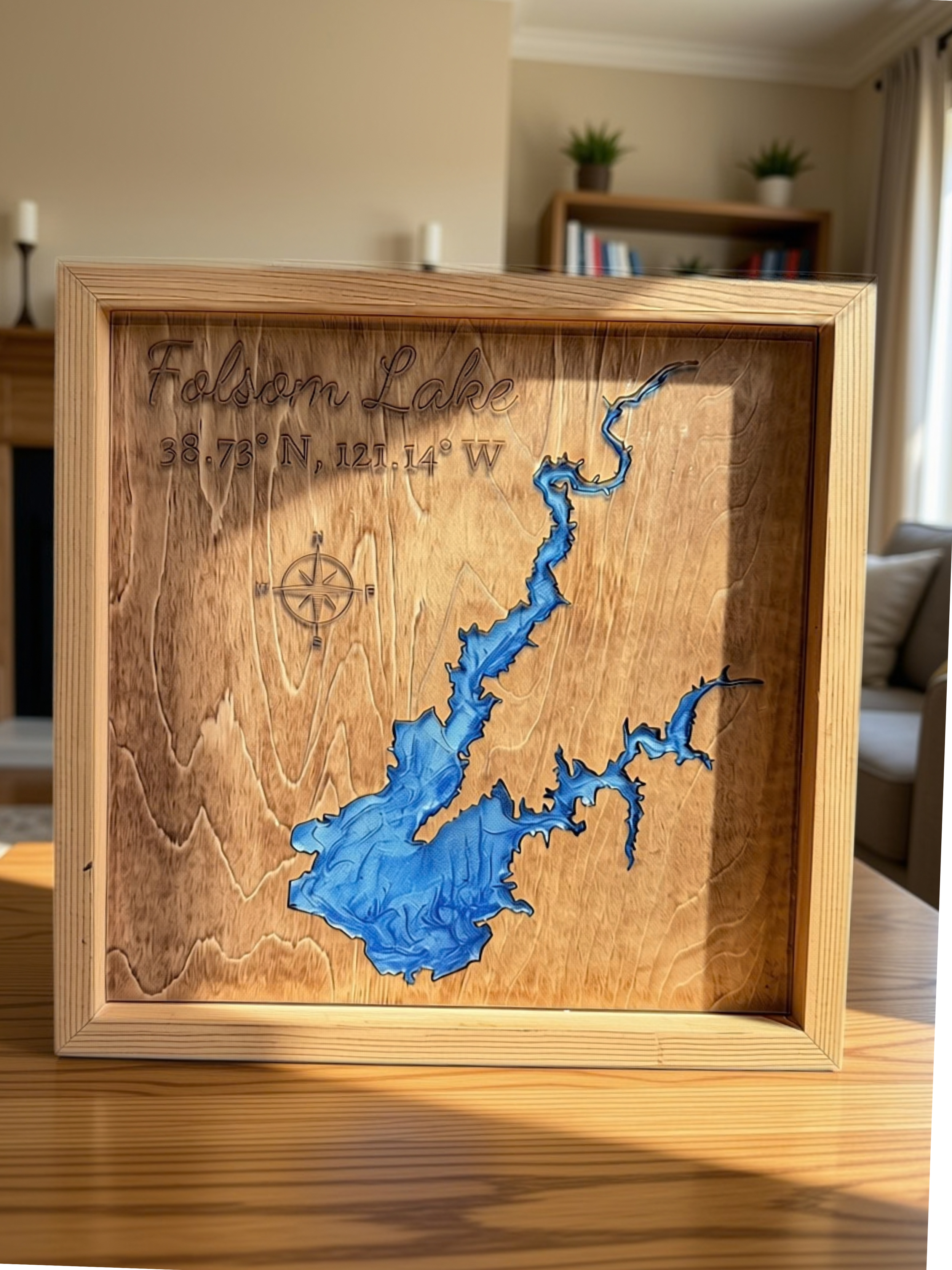 Folsom Lake Layered Wood Map Art | Laser Cut Lake House Decor | 2D