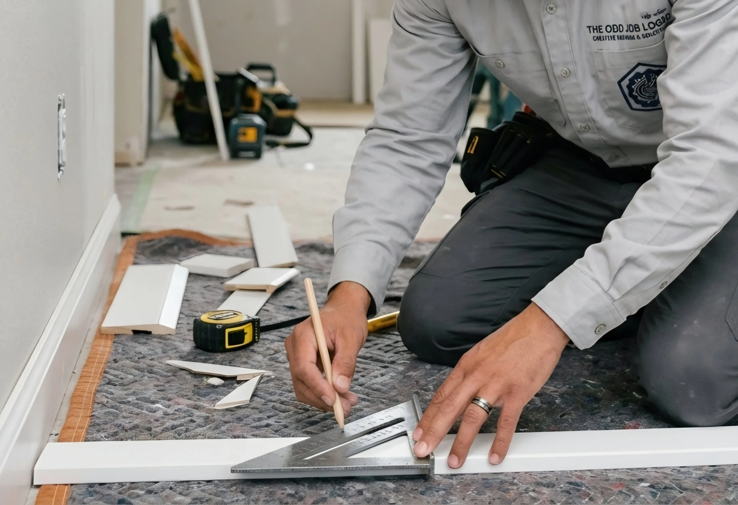 A handyman working on a flooring project, measuring and cutting white baseboard trim in a home improvement setting, with tools and materials scattered on the floor.