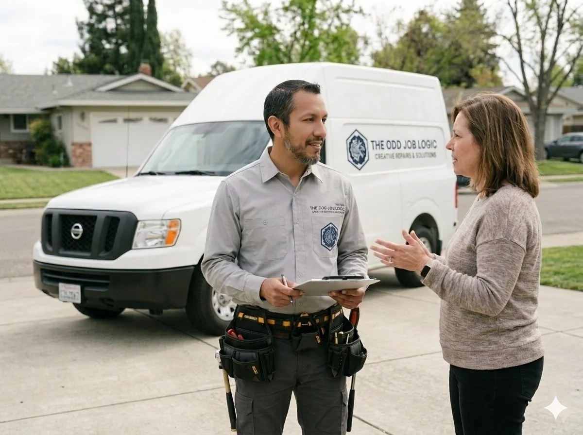 A technician from The Odd Job Logic explains a repair to a woman in front of a white service van parked on a residential street, with houses and trees in the background.