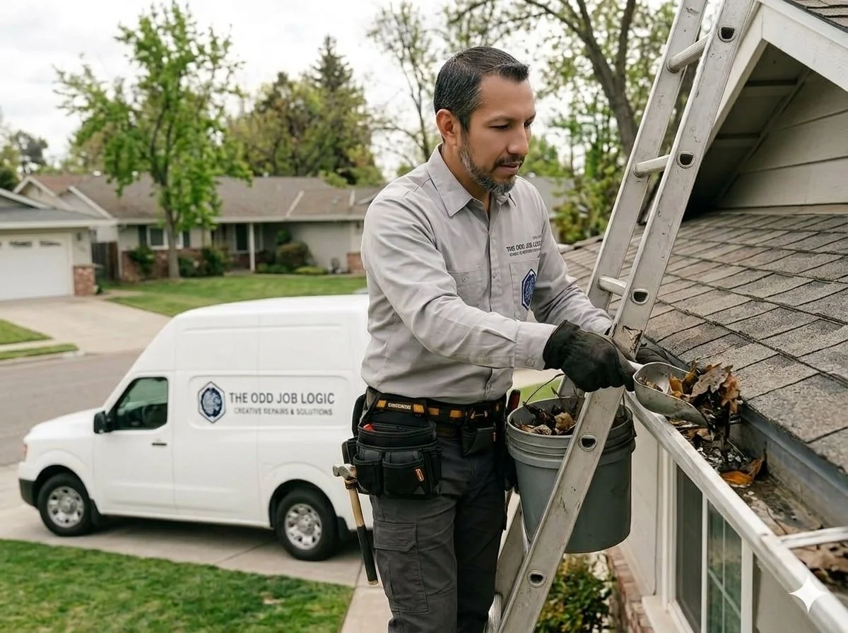 A handyman cleaning gutters on a house with a ladder, wearing a uniform with The Odd Job Logic logo, next to a white service van with the company's name and logo.