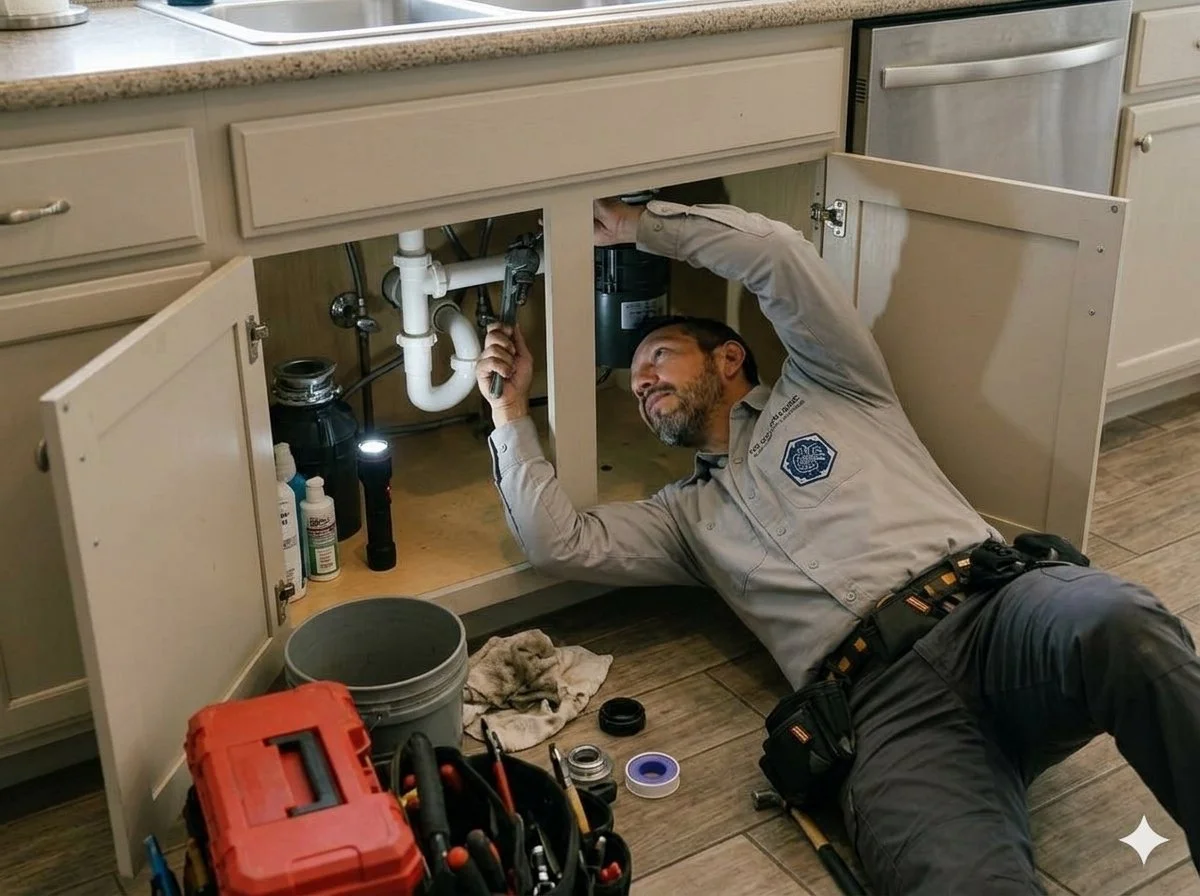 A man working underneath a kitchen cabinet, fixing plumbing pipes, with tools and supplies around him.