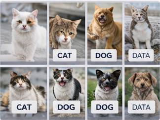 A collage of eight pictures of cats and dogs, with labeled images for 'CAT', 'DOG', and 'DATA'.