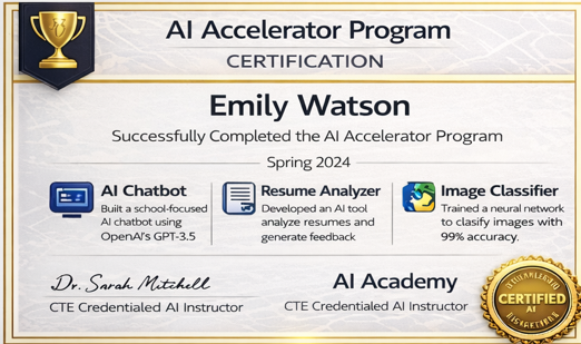 AI Accelerator Program certification awarded to Emily Watson for Spring 2024, recognizing completion in AI Chatbot, Resume Analyzer, and Image Classifier, with signatures and a gold seal.