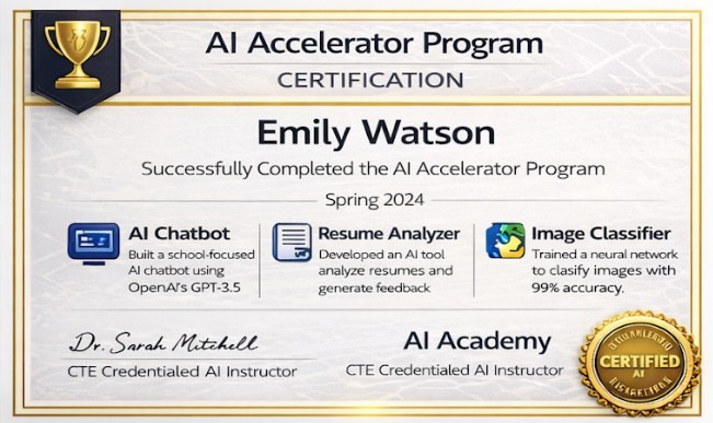 AI Accelerator Program certification awarded to Emily Watson for successfully completing the Spring 2024 program, featuring modules in AI Chatbot, Resume Analyzer, and Image Classifier, signed by Dr. Sarah Mitchell, with a gold seal indicating certification.