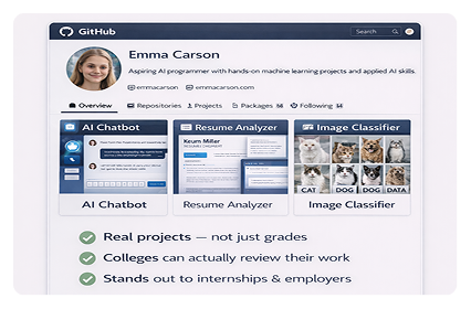 Computer screen showing a GitHub profile page for Emma Carson along with icons of AI tools such as AI Chatbot, Resume Analyzer, and Image Classifier.