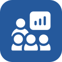 Icon of three people with a speech bubble showing a bar chart