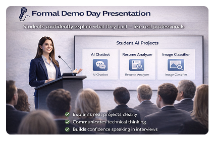 A woman in business attire presents at a podium during a formal demo day presentation, with a slide showcasing student AI projects including AI Chatbot, Resume Analyzer, and Image Classifier. Audience members are seated and listening.