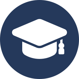 Icon of a graduation cap on a dark blue circular background.