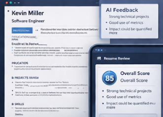 Close-up of a resume for Kevin Miller, a software engineer, alongside a digital screen displaying a resume review with an overall score of 85 and positive feedback on technical projects and metrics.