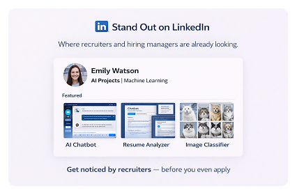 LinkedIn profile display for Emily Watson, AI Projects at Machine Learning, featuring AI Chatbot, Resume Analyzer, Image Classifier, and a grid of cat and dog images.