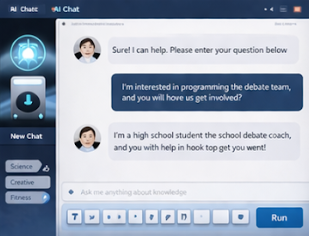 A digital chat interface with a conversation about programming and debate team. The user asks about involvement in a debate team, and a high school student replies about being a debate coach and seeking help for a debate.