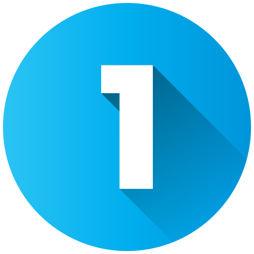A blue number one with a long shadow on a circular blue background.